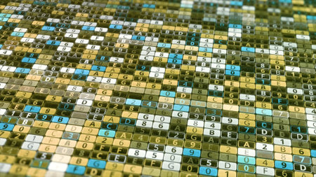 Many rows of changing random letters and numbers, seamless loop. Animation. Colorful cells with digital cipher, technological background.の写真素材