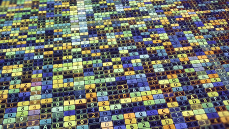 Abstract digital grid with symbols changing fast, seamless loop. Animation. Endless rows of small cells with letters and digits.の写真素材