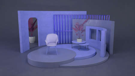 Abstract 3D model of a living room of purple color. Animation. Interior of a room isolated on wall...
