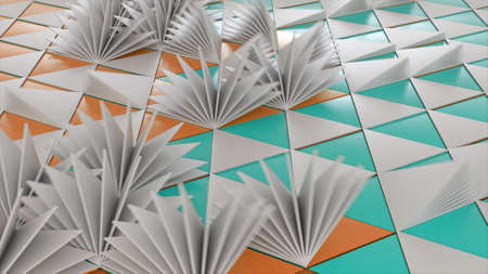 Abstract colorful triangular pages turning one by one like many small same size fans. Animation. Wave of moving triangular layers, concept of books and origami.の写真素材