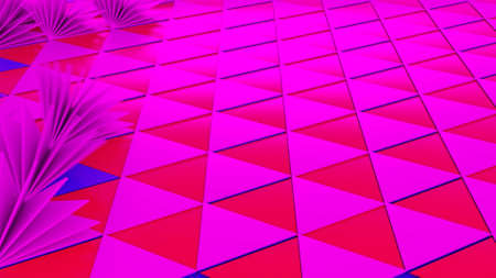 3D abstract field of triangles in pink, red, and blue colors. Animation. Surface with colorful triangles unfolding like many book pages.の写真素材