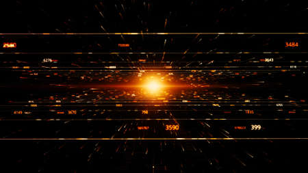 Abstract glowing sphere on black screen surrounded by digital straight lines and numbers. Animation. Concept of big data processing.の写真素材