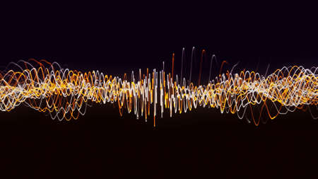 Abstract bright golden, white, and red rotating sound waves isolated on black background, seamless loop. Animation. Spinning swirl of many narrow lines.の写真素材