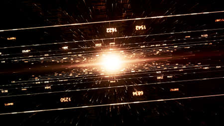 Beautiful flight through the digital tunnel with numbers and neon rays. Animation. Abstract...