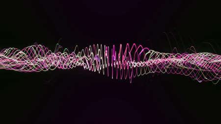 Abstract beautiful spinning bended pink and white lines isolated on black background, seamless loop....