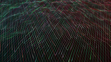 Flowing glowing neon lines on black background, concept of fiber and communication. Animation. Red...