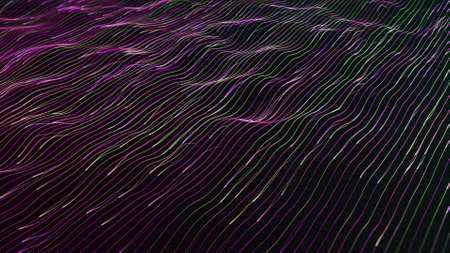 Flowing glowing neon lines on black background, concept of fiber and communication. Animation. Purple and green narrow waves.の写真素材