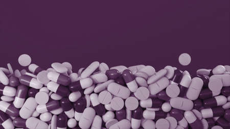 Huge number of lilac and white pills flying upwards on a dark purple background. Animation. Concept...