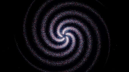 Moving spiral of glowing particles. Animation. Living spiral of particles forming sphere in center. Spiral transforms into sphere of particles on black backgroundの写真素材
