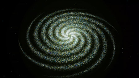 Abstract cloud of green and white particles transforming into a spiral and getting smaller....