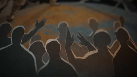 Computer generated battlefield with croud of people. Stock footage. Rear schematic view of people at the battle scene of ancient tribes.の写真素材