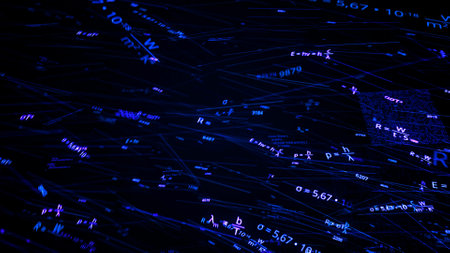 Many formulas in physics. Animation. Formulas for physics in electronic form on dark background....