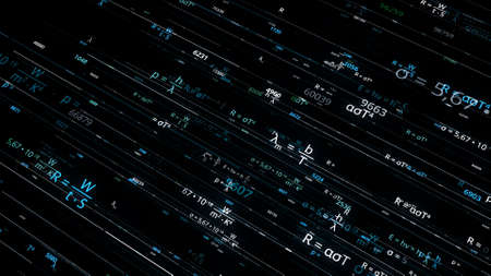 Bright mathematical formulas in computer. Animation. Mathematical formulas change and move in cyberspace. Mathematical formulas move along lines in electronic formの写真素材