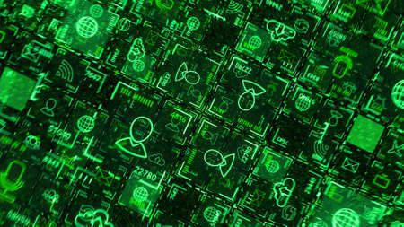 Electronic icons with images. Animation. Information icons with images in matrix. Green electronic...