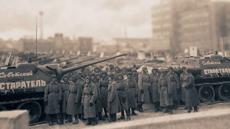 Russia - Moscow, 04.22.2021: retro black and white photos of the Great Patriotic War times. Stock...