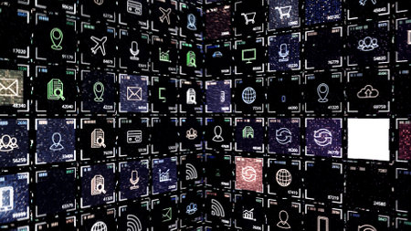 Digital network abstract flying icons of internet everyday life. Animation. Concept of business and communication.の写真素材