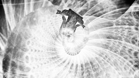 Meditating monochrome silhouette of a yogi rotating inside a tunnel, concept of concentration and...