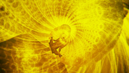 Silhouette of a yogi in a lotus asana on the background of a rotating yellow background. Animation....