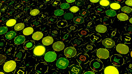 Many symmetrical rows of digital icons blinking on dark background, seamless loop. Animation....