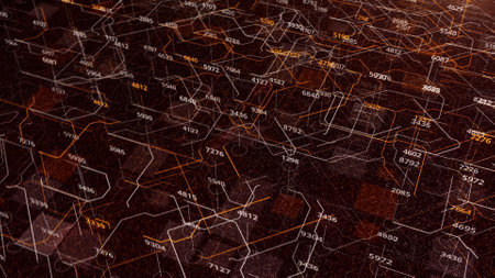 Data moving within computer circuitry with many changing numbers, seamless loop. Animation. Computer...