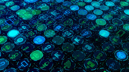 Many symmetrical rows of digital icons blinking on dark background, seamless loop. Animation....