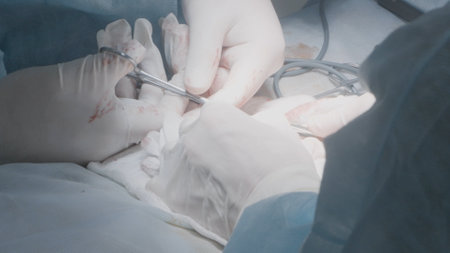 Doctors perform operation to remove appendix. Action. Surgeons operate on person under anesthesia....