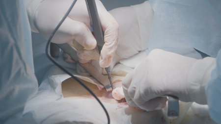 Surgical Laser Scalpel. Action. Neat incisions with laser scalpel. Surgeon cuts and cauterizes tissue with laser scalpel. Manual laser scalpel for precise incisions in surgeryの写真素材