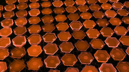 Background of pulsing neon hexagons. Animation. Futuristic 3d hexagons pulse on black background. Cells or cyberspace cells glow and pulseの写真素材