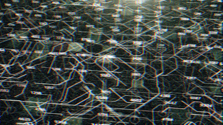 Flying over abstract motion background, a futuristic digital motherboard, concept of artificial intelligence and internet. Animation. Electrical impulses transfer data.の写真素材