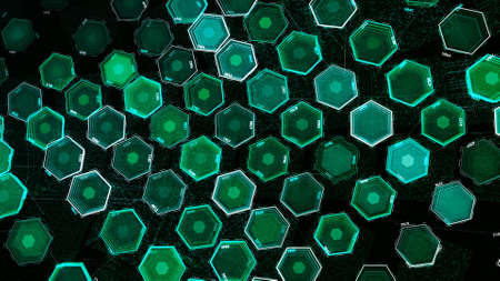 Background of pulsating colored hexagons. Animation. Holographic neon hexagons pulse on black background. Structure is made of futuristic honeycombsの写真素材