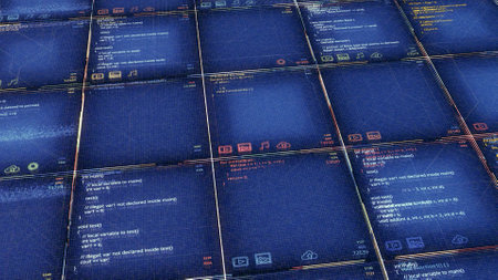 Abstract background with colorful surface divided into cells with self written code. Animation....