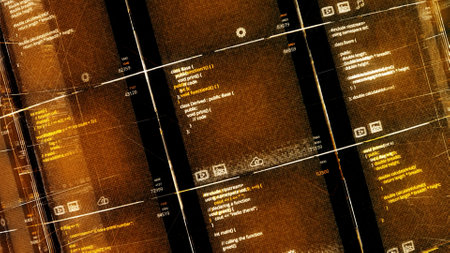 Abstract background with colorful surface divided into cells with self written code. Animation. Technologic IT backdrop, seamless loop.の写真素材