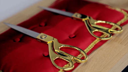 Close up of golden scissors for the official ceremonies lying on a red pillow. Video. Concept of opening and pathos.の写真素材