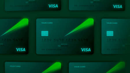 Visa bank credit plastic cards layout on a dark background. Motion. New chip cards in many rows with a green shining ray design.の写真素材