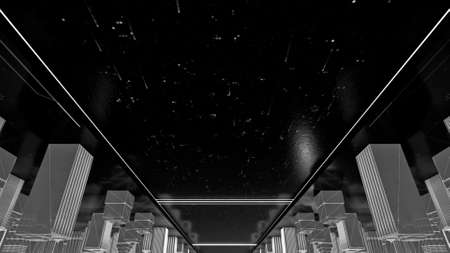 Modern abstract city street with a lonely car passing by the buildings. Animation. Visualization of a 3D town turned upside down.の写真素材