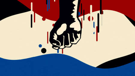 Demonstration, revolution, protest concept. Animation. Male arm fist moving from top to bottom on the background of cartoon waves.の写真素材