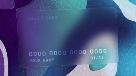 Abstract sample of a credit card design on purple background with geometric shapes. Motion. Transparent bank card, concept of finance.の写真素材