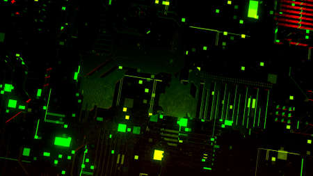 Abstract technological background. Motion. 3D AI Artificial intelligence in CPU chipset, central processor unit and electric print circuit board with data traffic light.の写真素材