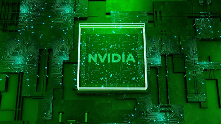 Green abstract chip with the name of technology company. Motion. Concept of IT, artificial intelligence, and gaming industry. Editorial use only.のeditorial素材