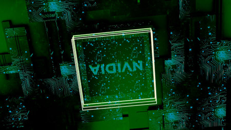 Green abstract chip with the name of technology company. Motion. Concept of IT, artificial...