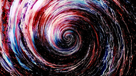 Abstract liquid hurricane rotating slowly, top view. Motion. Wave like swirling spiral of blue and...