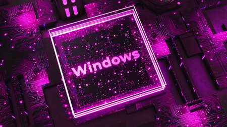 Lettering in square on technological neon background. Motion. Neon animation with inscription windows in square. Windows in neon square on futuristic backgroundの写真素材