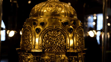 Close up of the ancient Sion, the sacred vessel in which the Holy Gifts are kept. Concept. Details of the Orthodox church interior, history and religion.の写真素材