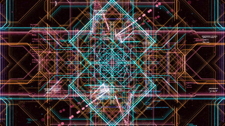 Futuristic pattern with computer circuit lines. Motion. Symmetrical pattern with moving luminous...