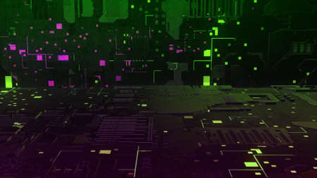 Flying inside cyberspace with beautiful abstract digital particles. Motion. Fast electrons moving...