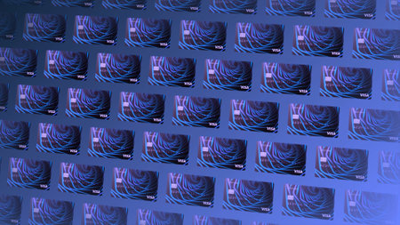 Russia, Moscow - August 10, 2021: Futuristic design of bank cards. Motion. Lot of new bank cards...