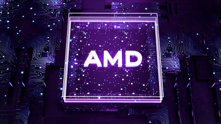 Processors graphics, digital data of network technology, CPU Processing. Motion. Advanced Micro Devices company inside and abstract processor. For editorial use only.のeditorial素材
