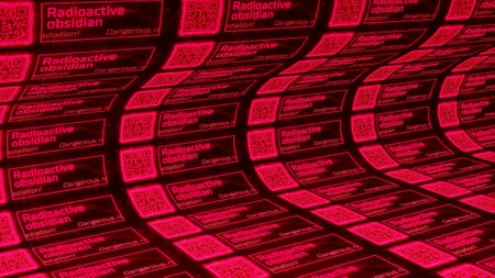 Abstract bended dark texture with radioactive warning and qr codes. Motion. Information of infected dangerous area, seamless loop.の写真素材