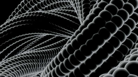 Animation of spheres assembled in a spiral shape twisting on a black background, monochrome. Design. Black and white figure with a core in the middle surrounded by bending 3D spiral, seamless loop.の写真素材