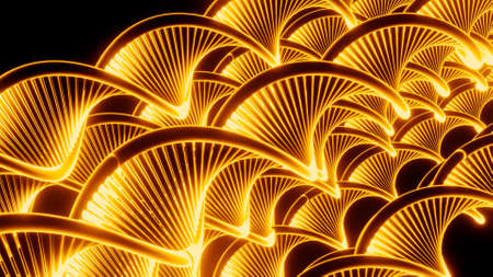 Close up of abstract plastic golden springs stretching isolated on a black background. Design. Spiral shaped long wavy figures moving all together.の写真素材